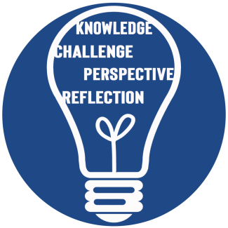 blue circle graphic with white outline of lightbulb and words knowledge, challenge, perspective, reflection in bulb