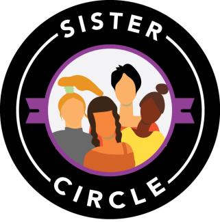 graphic logo with black circle reading Sister Circle in white letters around the circle. Cartoon women in the center of logo